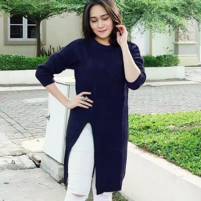 New KAHFI HR Sweater Tunik Slit Rajut Belah Pinggir Samping