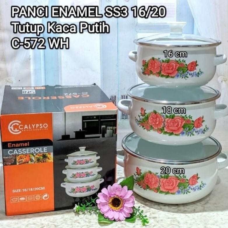 Panci Set Enamel Motif Kembang 3 Pcs Tutup Kaca / Panci Bunga 3 Susun Nugi