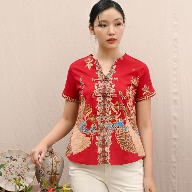 ATASAN BATIK WANITA / BATIK CHEONGSAM MERAH COUPLE / BAJU IMLEK NATAL - 2 BRED