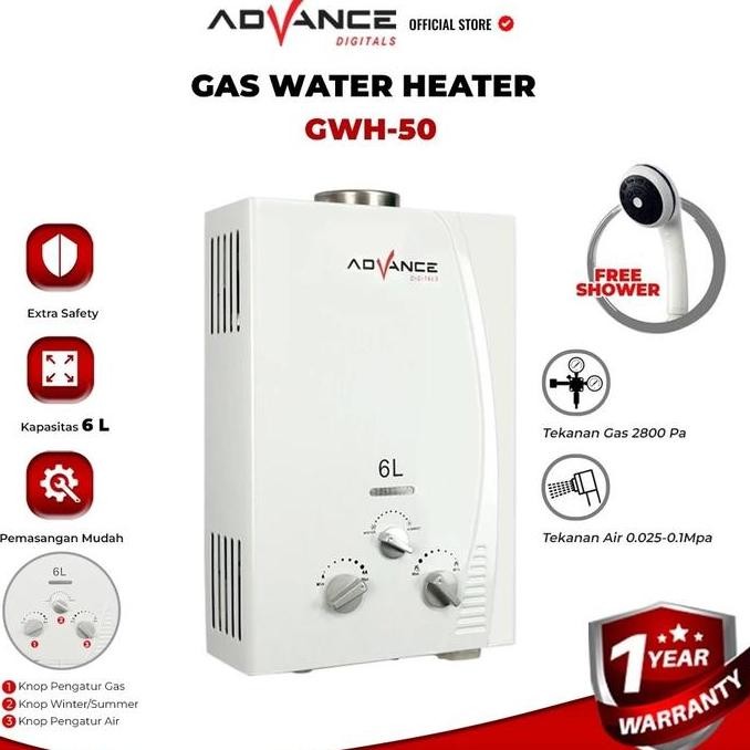 Advance Gwh50 Water Heater Gas / Pemanas Air Panas Kamar Mandi - Bonus Kepala Shower & Selang Shower