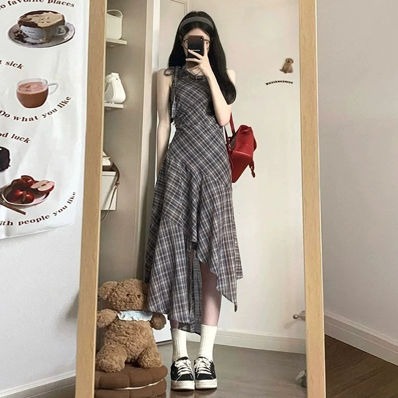 【VELVANA】【COD】Gaun Rompi Kotak-Kotak Tidak Beraturan Tanpa Lengan Prancis Wanita Gaya Baru Temperame