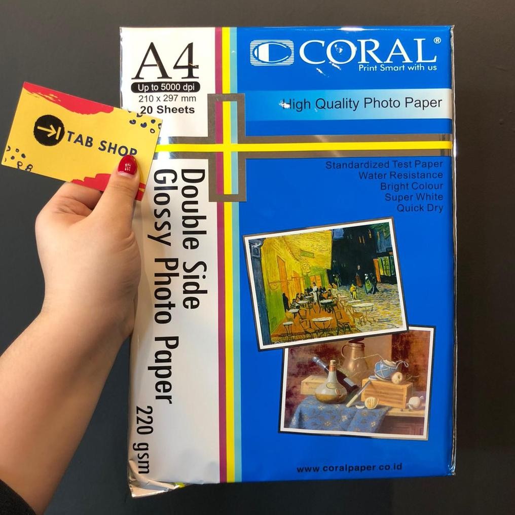 

TAB SHOP - CORAL DOUBLE SIDE GLOSSY PHOTO PAPER 220 GSM A4 20 LEMBAR - KERTAS FOTO GLOSSY 2 SISI A4 220 GSM Nugi