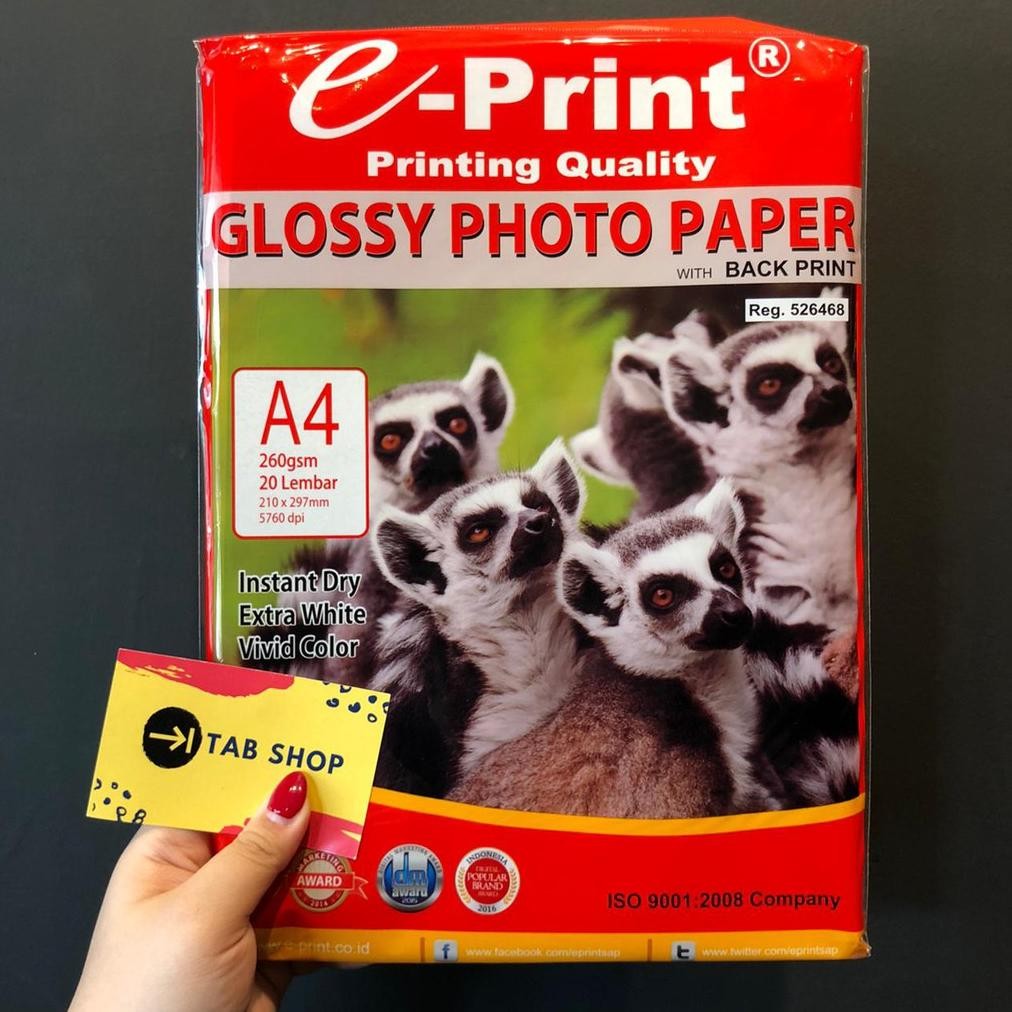 

TAB SHOP - EPRINT GLOSSY PHOTO PAPER WITH BACK PRINT 260 GSM 20 SHEETS A4 - E-PRINT KERTAS FOTO LOGO DI BELAKANG Nugi