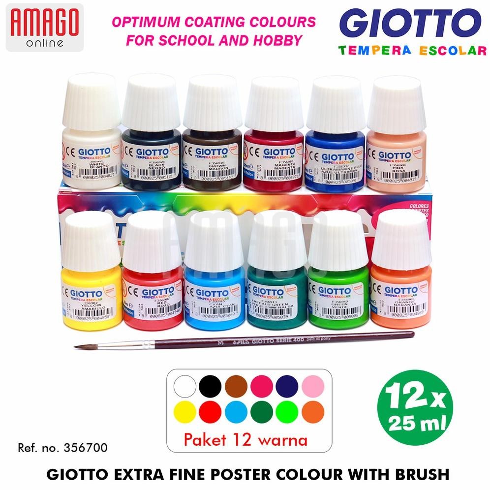 

GIOTTO Extra Fine Tempera Escolar Cat Lukis cepat kering Ekstra halus - 12 Warna x 25 ml + Bonus Kuas - 356700 Nugi