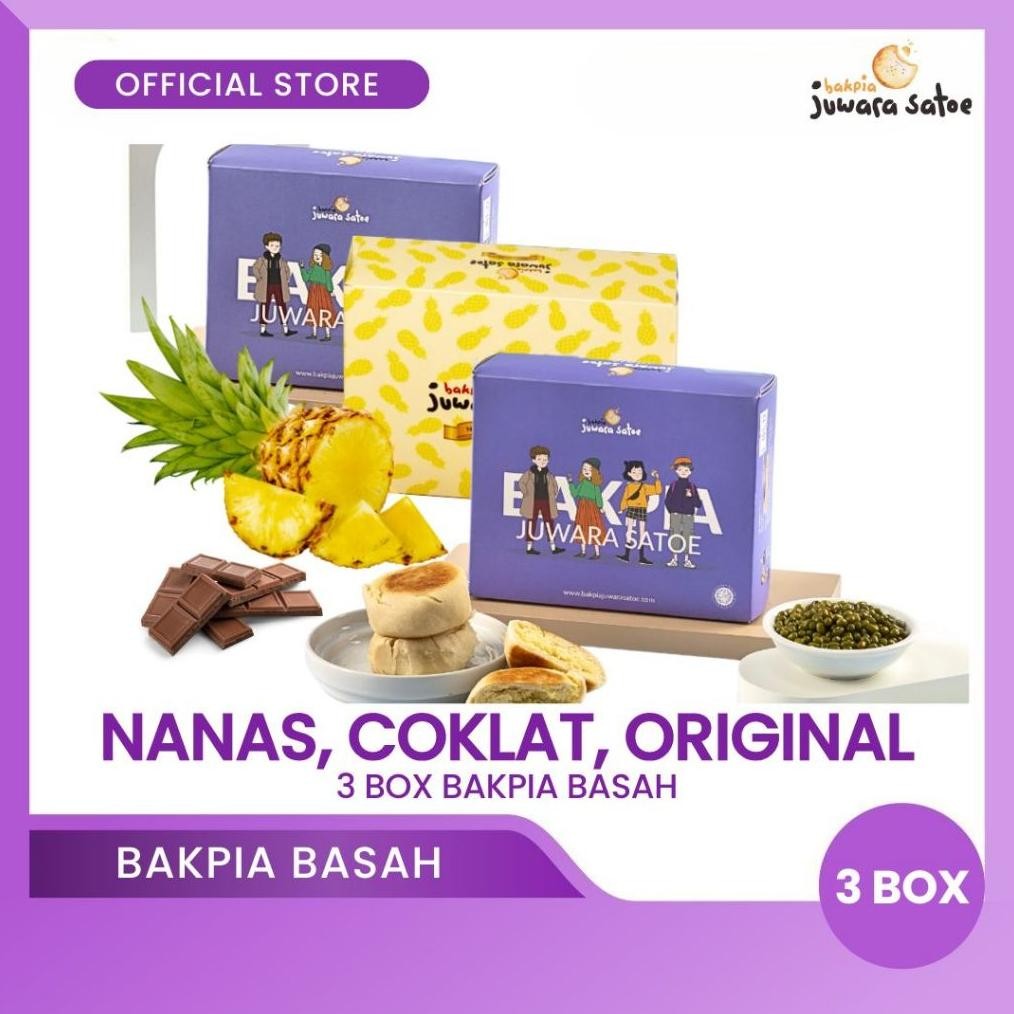 

NO_MORE BAKPIA JUWARA SATOE [ 3 Box ] Paket Mix Combo Bakpia Basah (Nanas, Coklat, Original) - Oleh Oleh Khas Jogja
