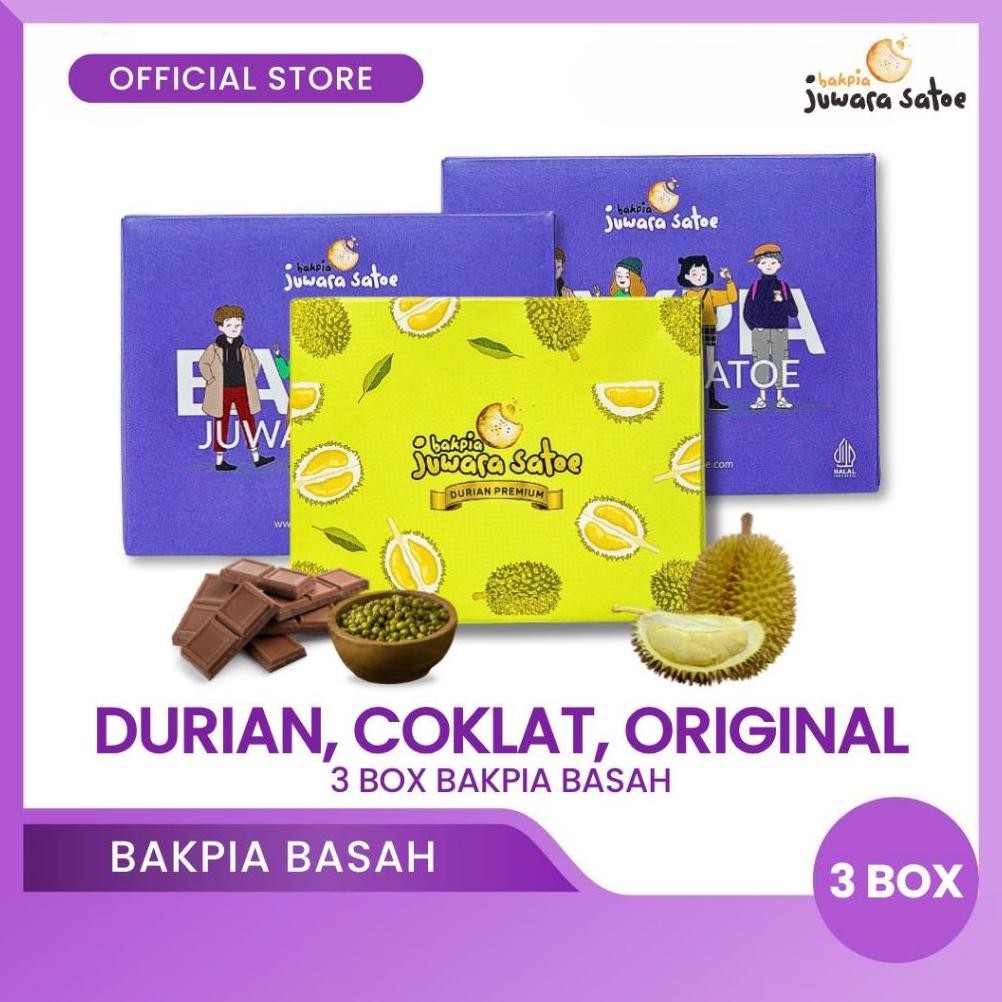 

NO_MORE BAKPIA JUWARA SATOE [ 3 Box ] Paket Mix Combo Bakpia Basah (Durian, Coklat, Original) - Oleh Oleh Khas Jogja