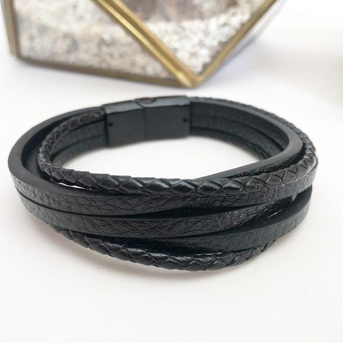 Tgs Gelang Pria Premium Kulit Hitam Black Besi Magnet