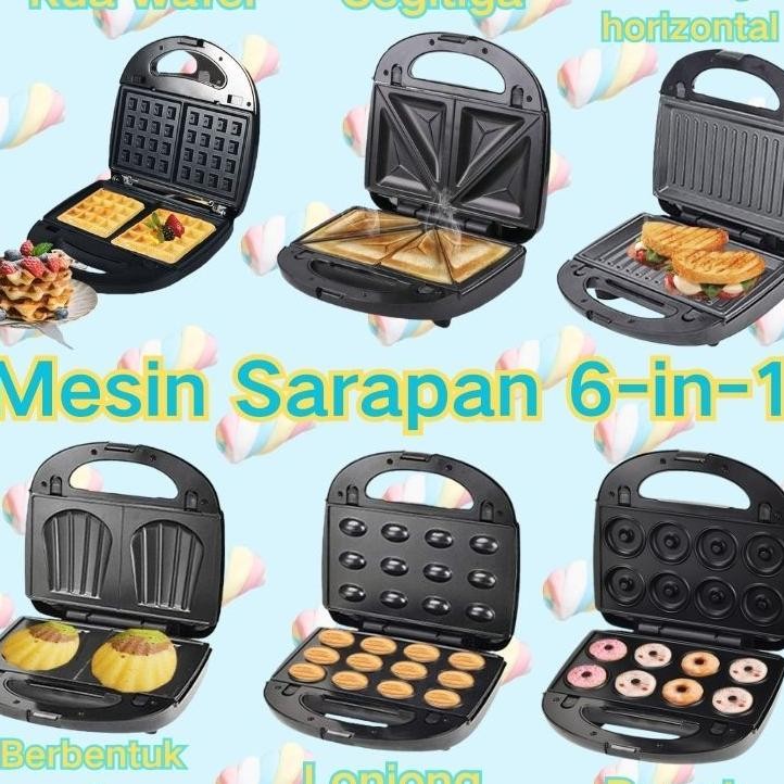 Ready Stokmesin Sarapan 6In1 Pembuat Wafel Pembuat Donat Pembuat Sandwich Mesin Sarapan Siswa Pembak