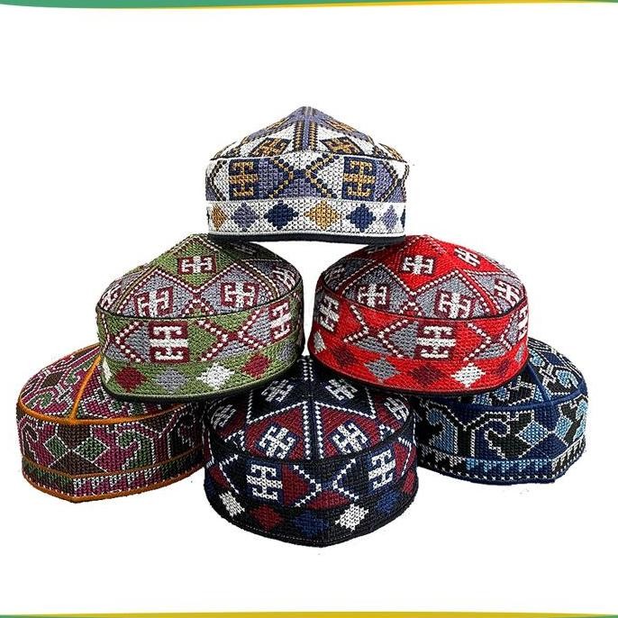 Terlaris Grosir (10 Pcs) Peci Pakistan Motif Ovais Cap Bordir Kopiah Haji Sholat Santri Pria Dewasa 