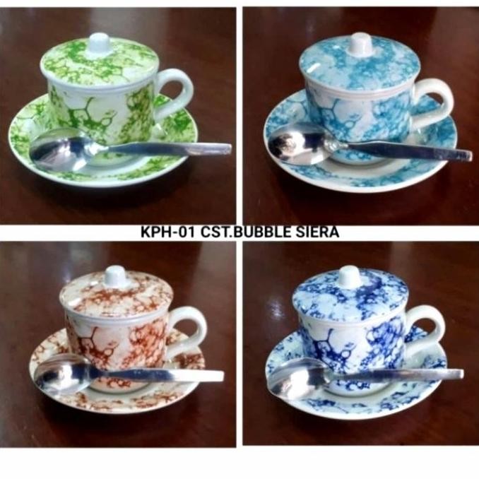 Cangkir motif lurik isi 4 set / Cangkir kopi + tutup + saucer