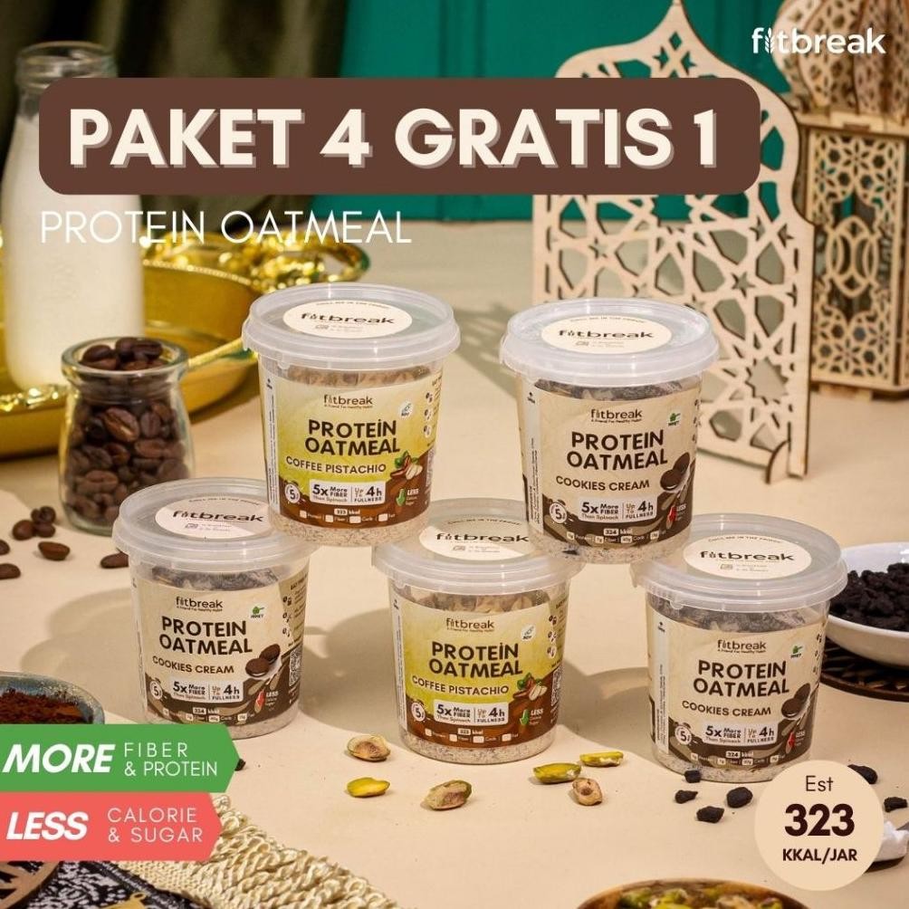 

Protein Oatmeal Paket 4 Gratis 1 Fitbreak Tinggi Serat / Healthy Snack / Instant Oats / Overnight Oats / Diet Friendly / Sarapan / Oatmeal aSt
