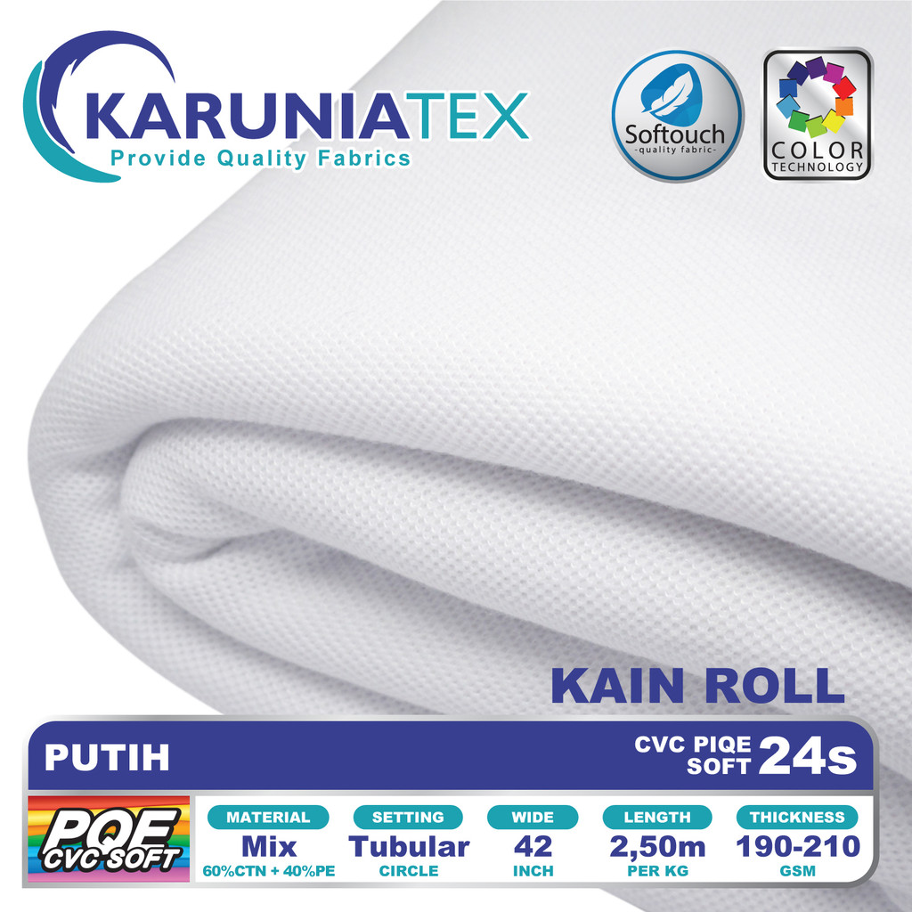 Kain Kaos Poloshirts CVC Soft 24s Rollan | Putih | Karunia Textile