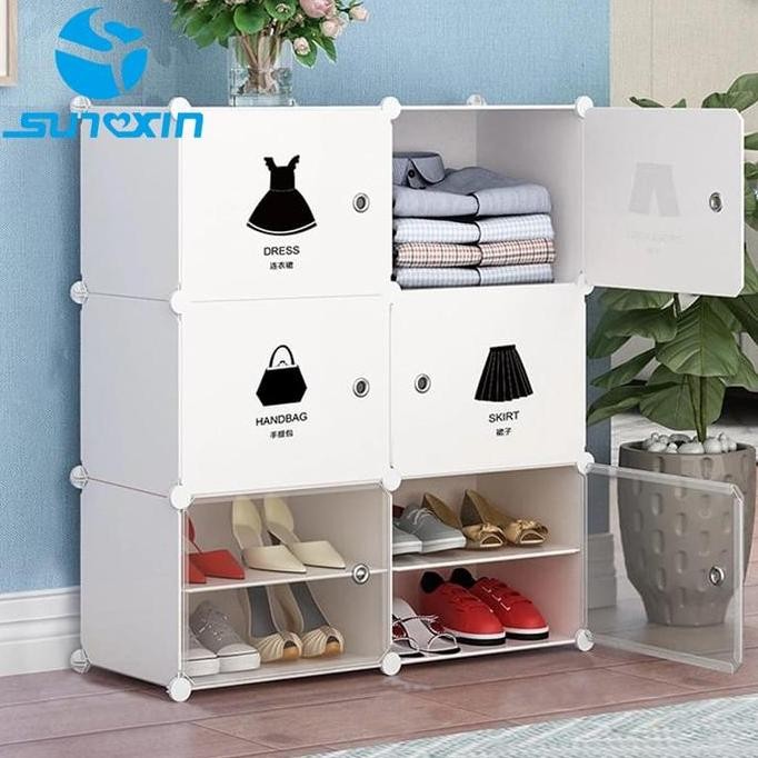 Rak Sepatu Plastik Portable Bongkar Pasang Rak Serbaguna Susun 4 Pintu