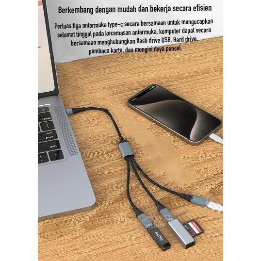 SIAP KIRIM ADAPTER USB & TYPE C MALE KE 3 TYPE C FEMALE 4IN1 SPLITTER HUB KABEL DATA + CHARGER HP LA