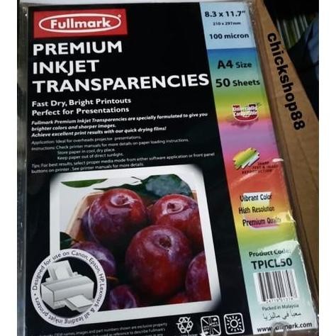 

TERMURAH - FULLMARK TPICL50 Premium Inkjet Transparencies A4 isi 50 Kertas Mika