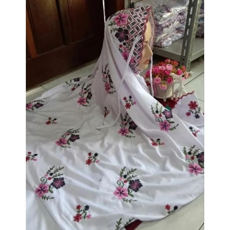 Termurah Mukena Terusan Santri Bordir Bahan Polino | Telekung Terusan Motof Bunga Hitam | Mukenaa Sa