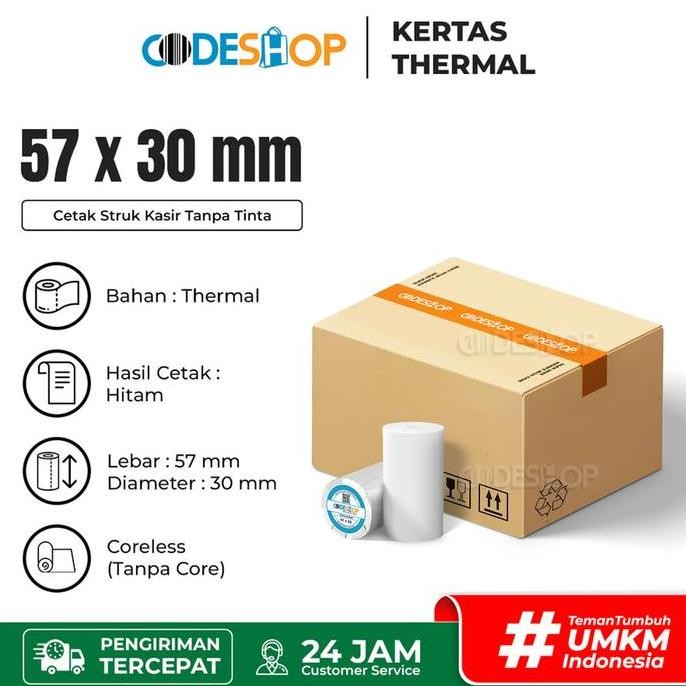 

TERBARU - 1 DUS Kertas Thermal Codeshop 57 x 40 mm Roll Printer Struk Kasir 58mm