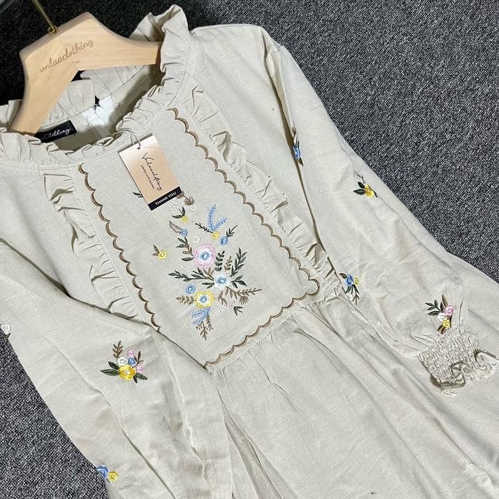 Dd Kayla Dress Cotton Linen Bordir  (Ready Langsung Kirim) / Dress Linen Bordir Premium / Dress Bord