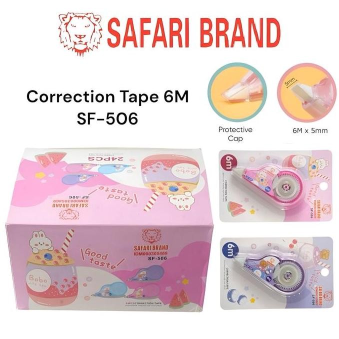 

(Sf506 12 Pcs/24 Pcs/Cek Variasi) Correction Tape Pita Koreksi Tipe Ex X Roll Kertas Karakter Lucu Safari Brand 6M Alat Pulpen