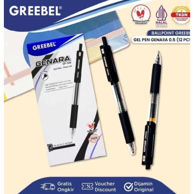 

( 1 PACK ) GREEBEL PULPEN GEL / Gel Pen Genara GP- 508 0.5 Hitam / Ballpen Gel Ballpoint Bolpen Bolpoin Pena Gel