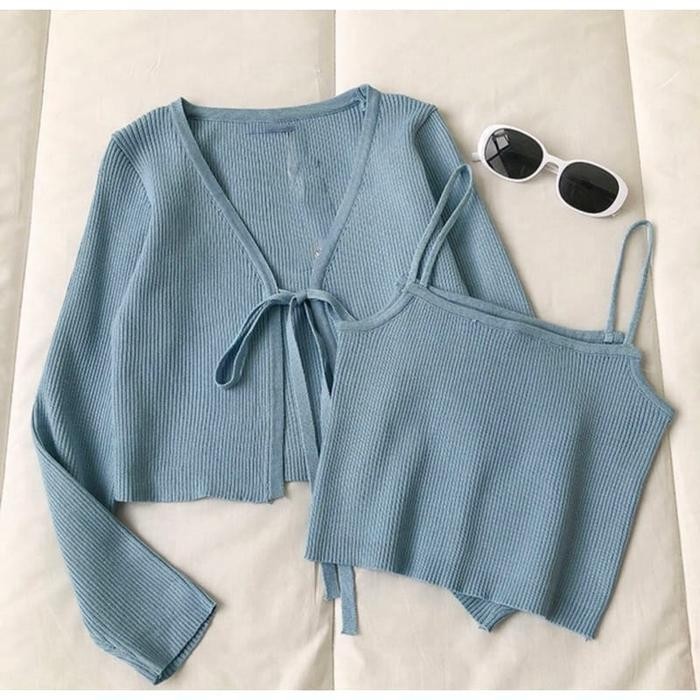 Ysn Cardigan Korea Set / Crinuma Crop Set Baju Panjang Wanita Rib Denim Remaja Atasan