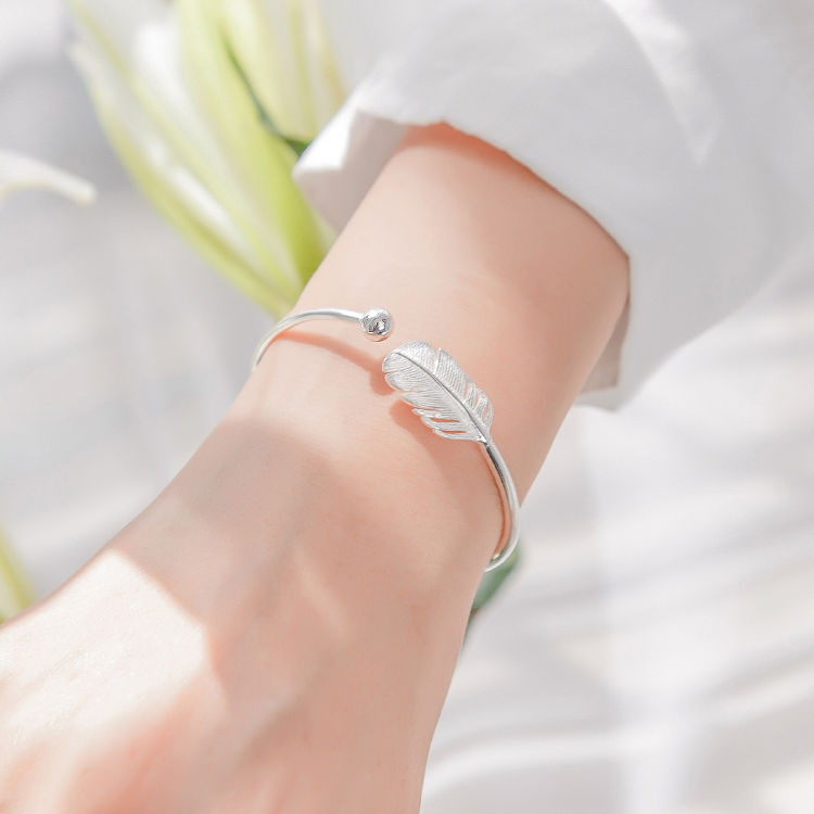 Gelang Perak Bulu untuk Wanita, Gelang Perak Murni untuk Wanita, Desain Minimalis Terbuka
