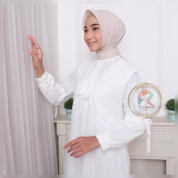 (Allthebest) Raisma - Laila Gamis Syar'i Wanita Putih Tulang Lebaran Cantik Dan Elegan Whit Outwear 