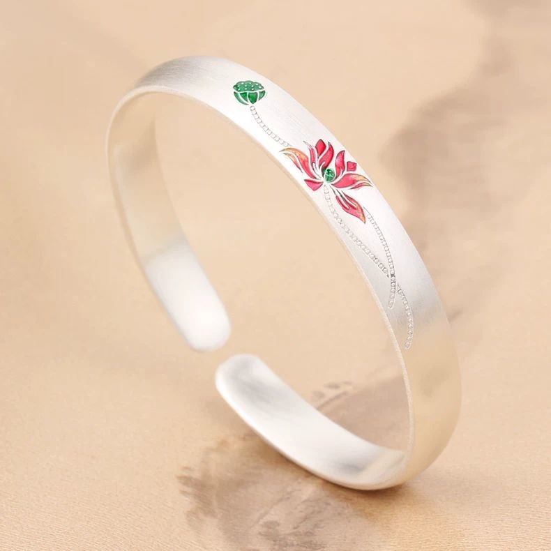 Gelang Perak Lotus untuk Wanita9999Perak Murni Gaya Etnik Terbuka Vintage Warna Enamel Matte