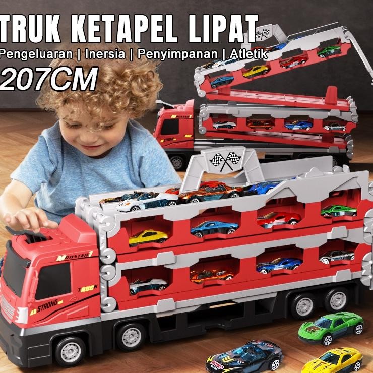 Truk Kontainer Mobil Mainan 2In1 Set Mobil Truk Transformasi Dapat Meluncur Dengan Penyimpanan Mobil