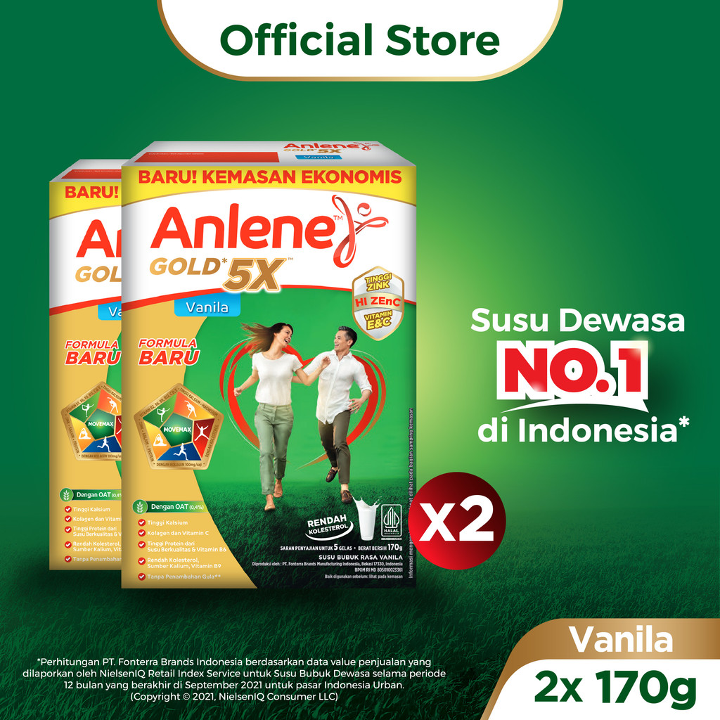 

Anlene Gold 5X Susu Bubuk Dewasa Vanila 2 x 170g - Nutrisi Tinggi Kalsium Untuk Tulang, Sendi, dan Otot
