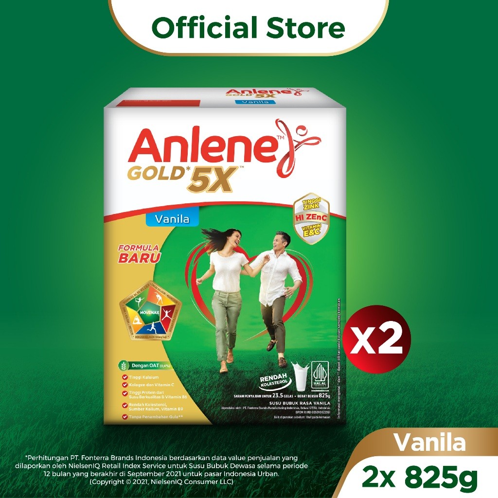 

Anlene Gold 5X Susu Bubuk Dewasa Vanila 2 x 825g - Nutrisi Tinggi Kalsium Untuk Tulang, Sendi, dan Otot