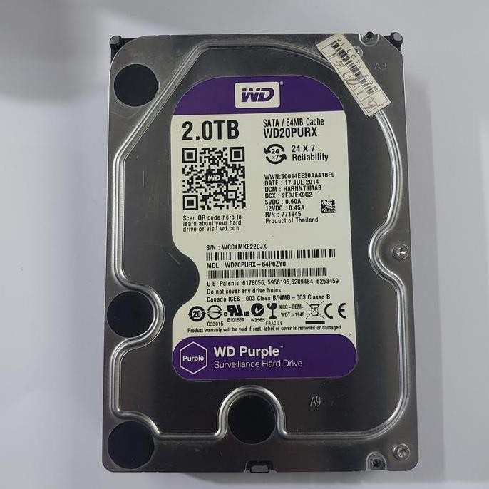 Hard Disk 2Tb Wd Purple 3.5 Sata - Hdd Cctv Surveillance Video Recording 2Tb Second Original - Hardi