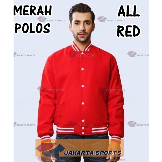 DS109 }} JAKET VARSITY MERAH POLOS BASEBALL PRIA WANITA MURAH BOMBER JACKET