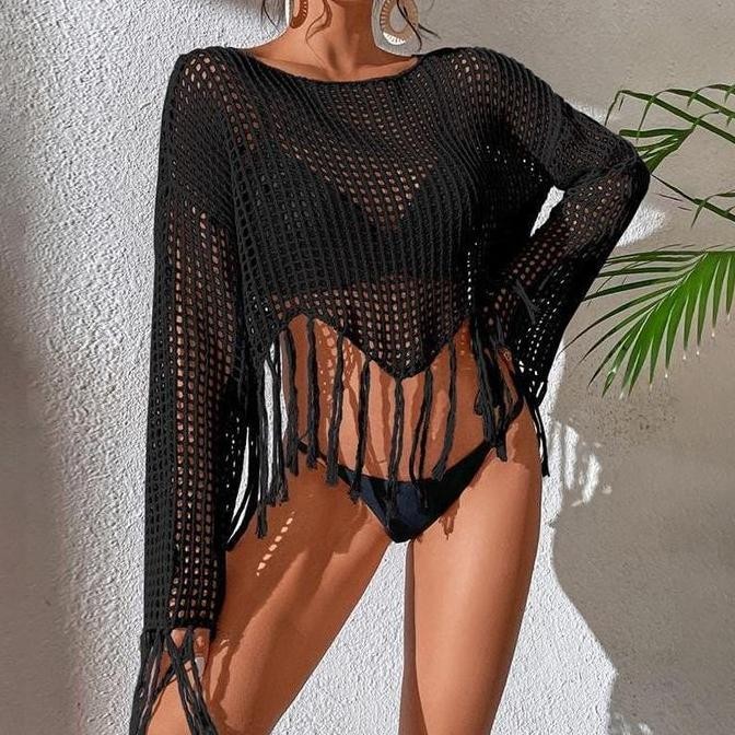 Promo Mery Knitted Outer Crop Top Long Sleeve Woman Premium / Korean Summer Outer / Beachwear Bali /