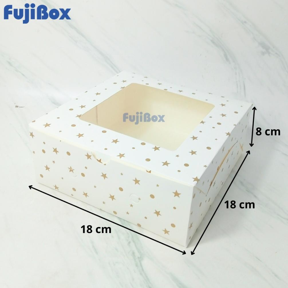 

(10 Pcs) Fuji Box Dus Kotak Kue Ivory Motif Polkadot Bintang Emas 18 cm x 18 cm x 8 cm Putih Ivory Premium Jendela aSt