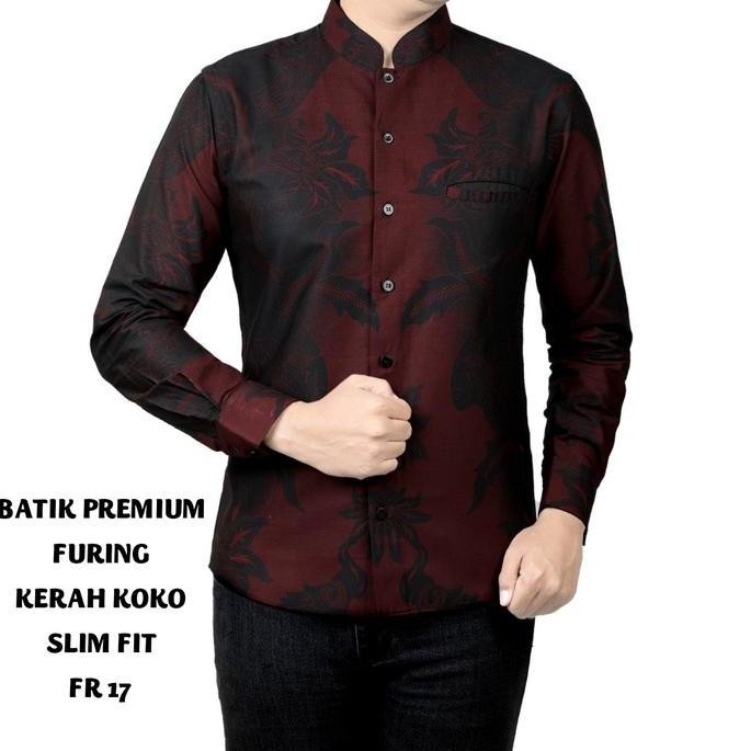 KEMEJA BATIK PRIA SLIM FIT LENGAN PANJANG FORTUN REMO BAJU BATIK KERAH KOKO WARNA MAROON BURGUNDY FR