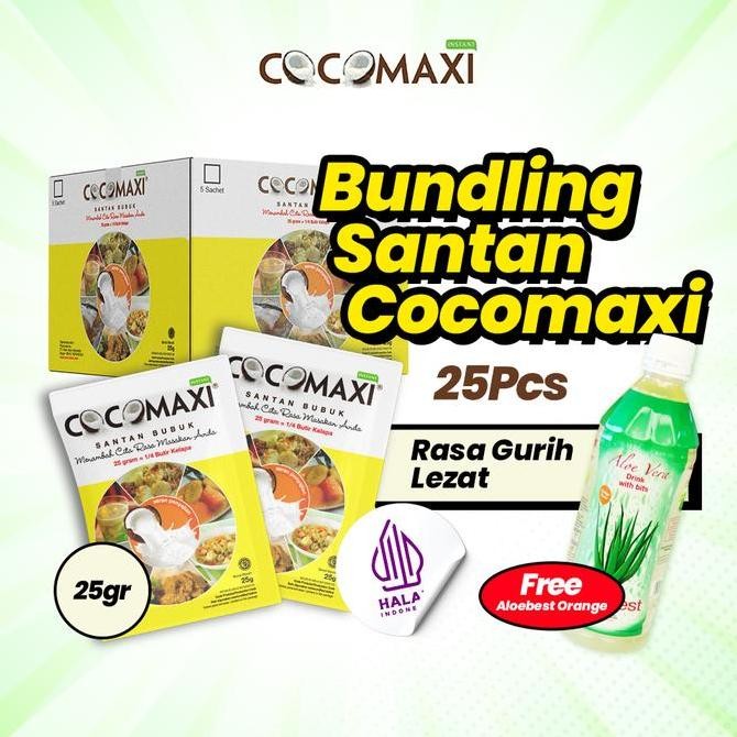 

Promo Cocomaxi Santan Kelapa Bubuk 25G Isi 25 Sachet + Free Aloebest Orange 500Ml
