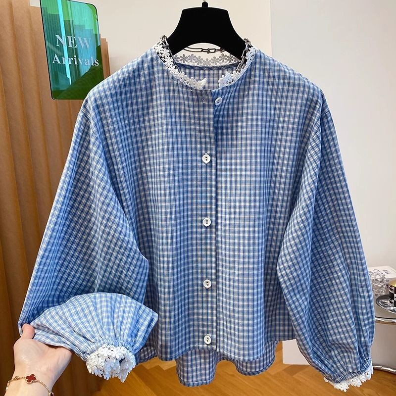 Kemeja kotak-kotak kecil biru longgar baru untuk wanita