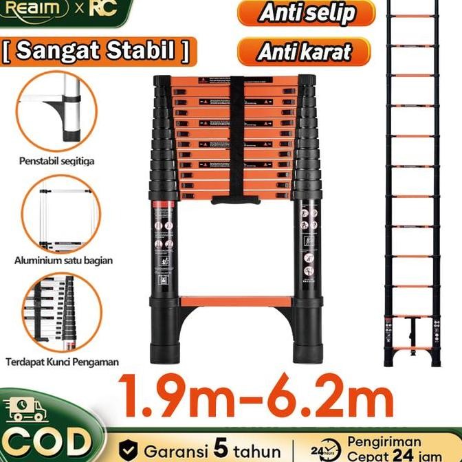 Reaim Tangga Lipat Aluminium Teleskopik 1.9M-6.2M Multifungsi Telescopic Ladder Tangga Lurus Co