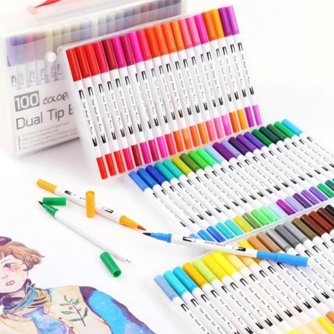 

TERBARU! 100 Colors Dual Tip Brush Pen Marker Spidol Warna Set Spidol Brush