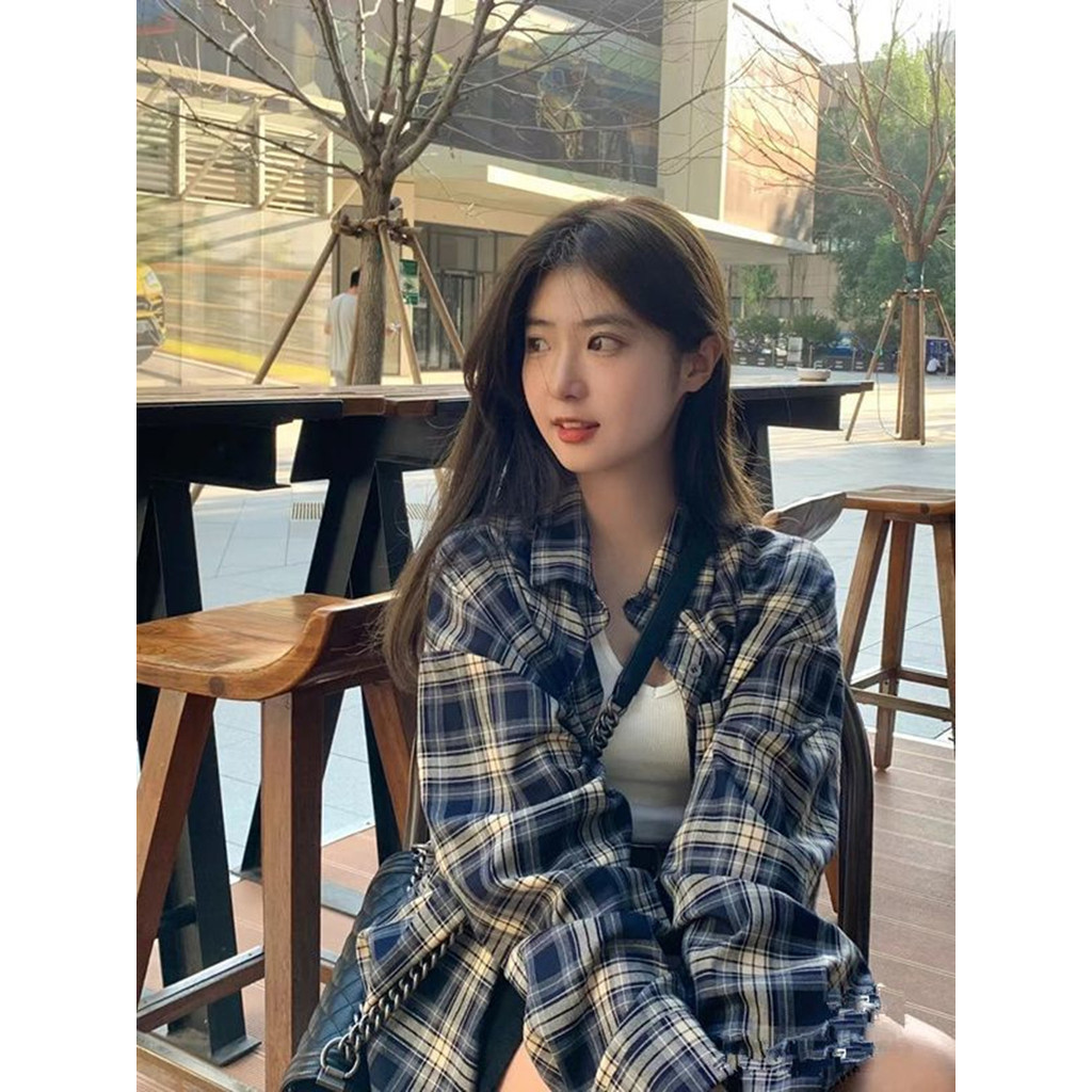 ChuRanKemeja Kotak-Kotak Wanita Lengan Panjang Atasan Musim Semi Dan Musim Gugur Korea Longgar Retro