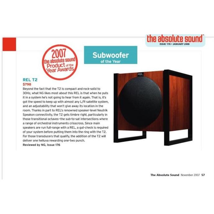 REL Acoustics T2 T-2 SUBWOOFER 8 INCH SPEAKER 200 WATT AWARD WINNING