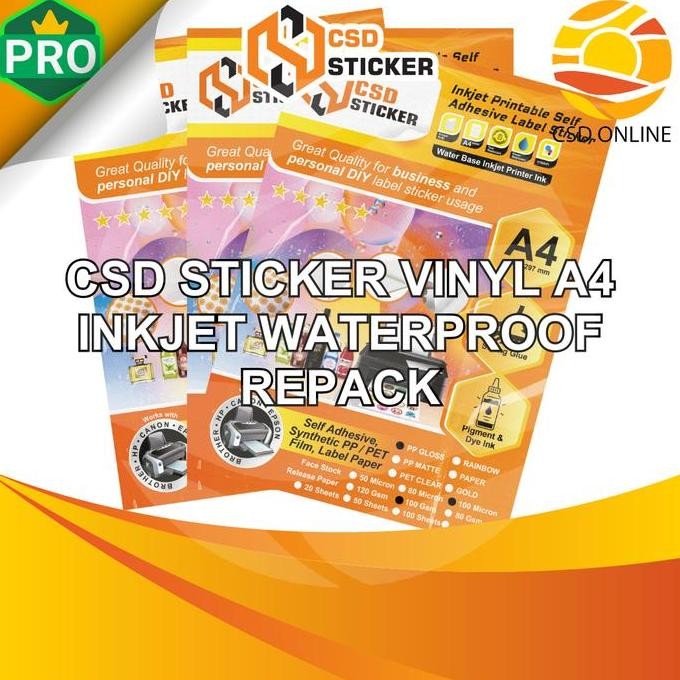 

Premium CSD Sticker Vinyl Inkjet A4 Waterproof Synthetic PET/PP Film Transparan/Gloss/Matte/170gsm Stiker Premium Anti Air Repack 20