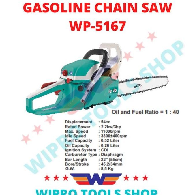 Wipro Gasoline Chain Saw / Chainsaw / Mesin Gergaji Wp-5167 Co