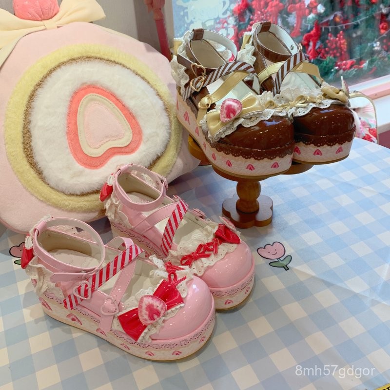 Cute Lolita Milkshake Shoes Lolita Thick-soled Sweet Strawberry Height-increasing Leather Shoes BFBU