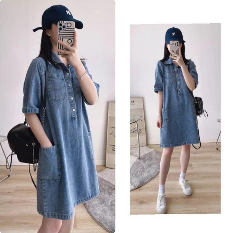 Dress Denim Casual / Denim Dress Wanita Lengan Pendek 2880