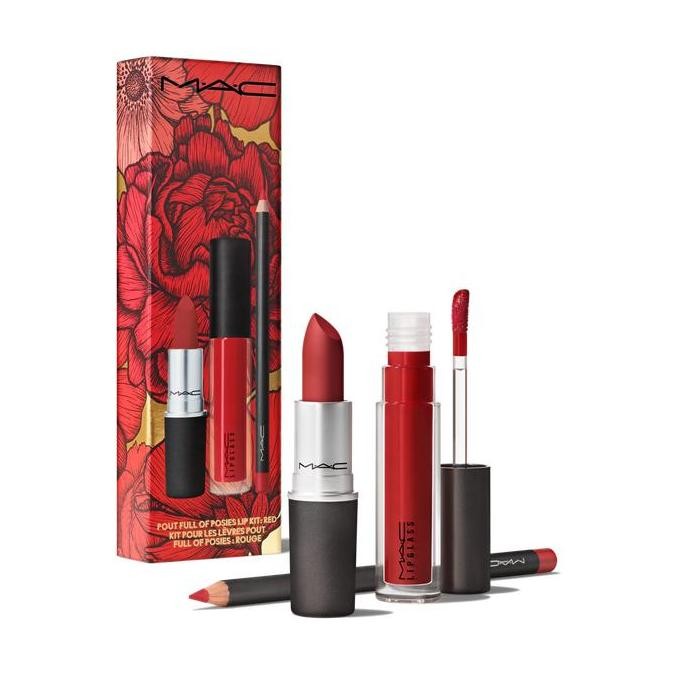 

MAC Pout Full of Posies Lip Kit Red Ruby woo Lip Kit Powder Kiss Lipstick Lip Pencil