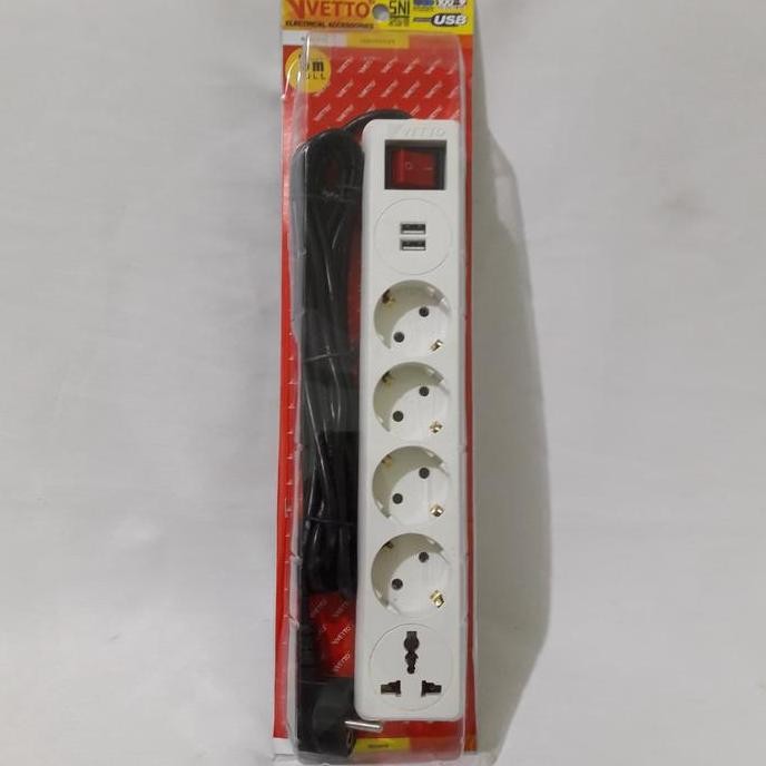BEBAS ONGKIR - Stop Kontak 4 Lubang+2 Colokan USB+1 Colokan Kaki 3+ Kabel 3m VETTO