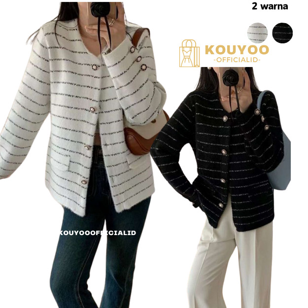 KOUYOO Knitwear Wanita Setelan Wanita Atasan Dan Jaket Modis Kekinian Atasan Jaket Putih Hitam