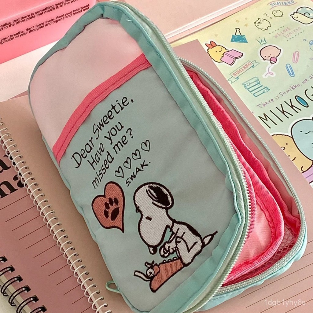

American Style Flip Cover Embroidered Large Capacity Pencil Case Cute Snoopy Embroidered Multi-layer Student Stationery Box Planner Storage Bag VIET